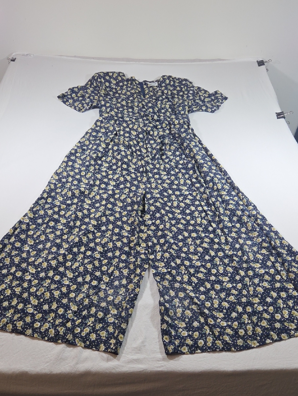Larissa Navy Floral Short-Sleeve Wide-Leg Jumpsuit Boho Vintage Pleated Cropped